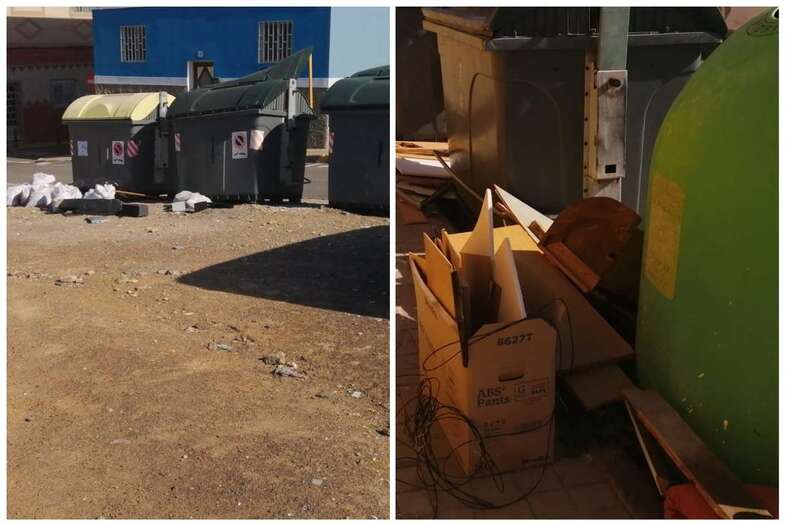 Bolsas con esombros y restos de enseres alrededor de puntos de recogida de basura (Foto TA)